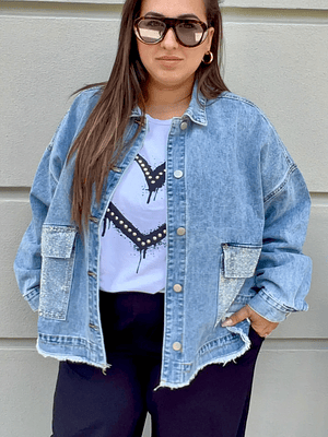 Curvy Denim Jacket with Rhinestones Blue