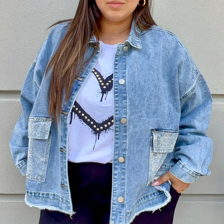 Curvy Denim Jacket with Rhinestones Blue 1
