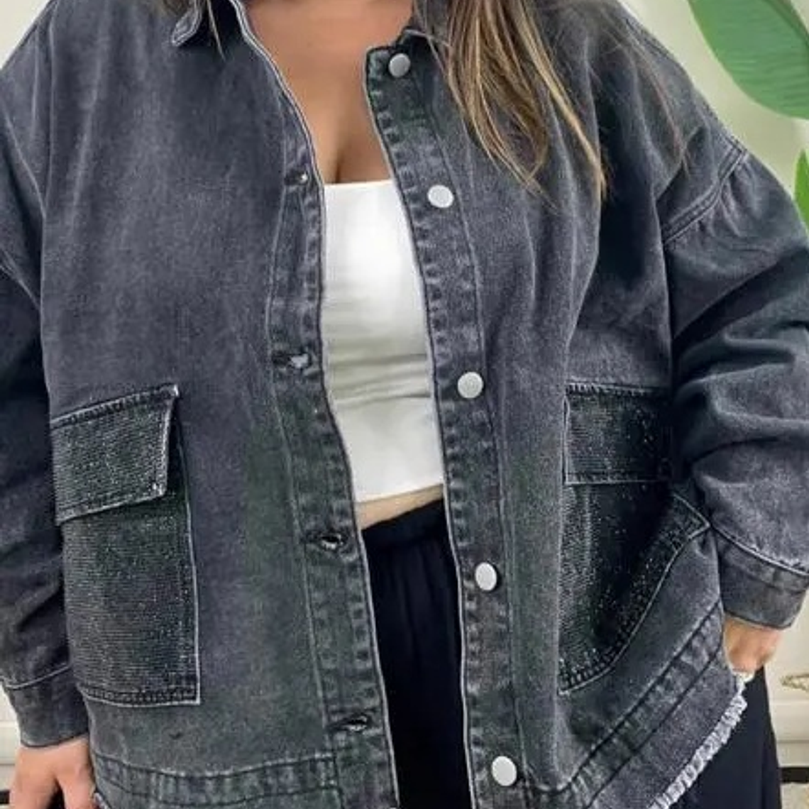 Curvy Denim Jacket with Rhinestones Black 1