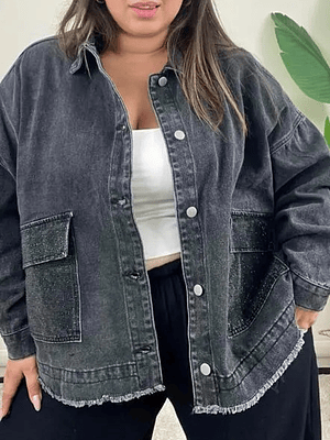 Curvy Denim Jacket with Rhinestones Black