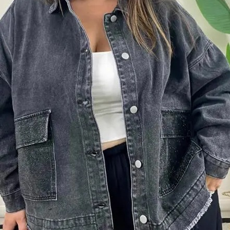 Curvy Denim Jacket with Rhinestones Black 1