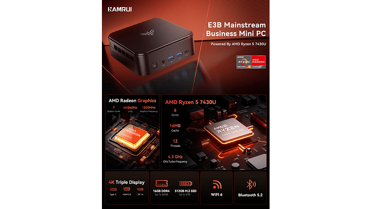 Mini PC AMD Ryzen 5 7430U | 16GB RAM | 512GB SSD 4
