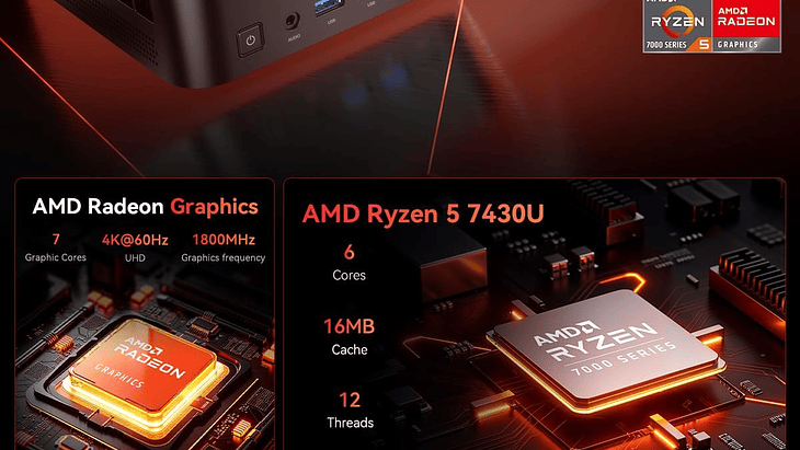 Mini PC AMD Ryzen 5 7430U | 16GB RAM | 512GB SSD 4