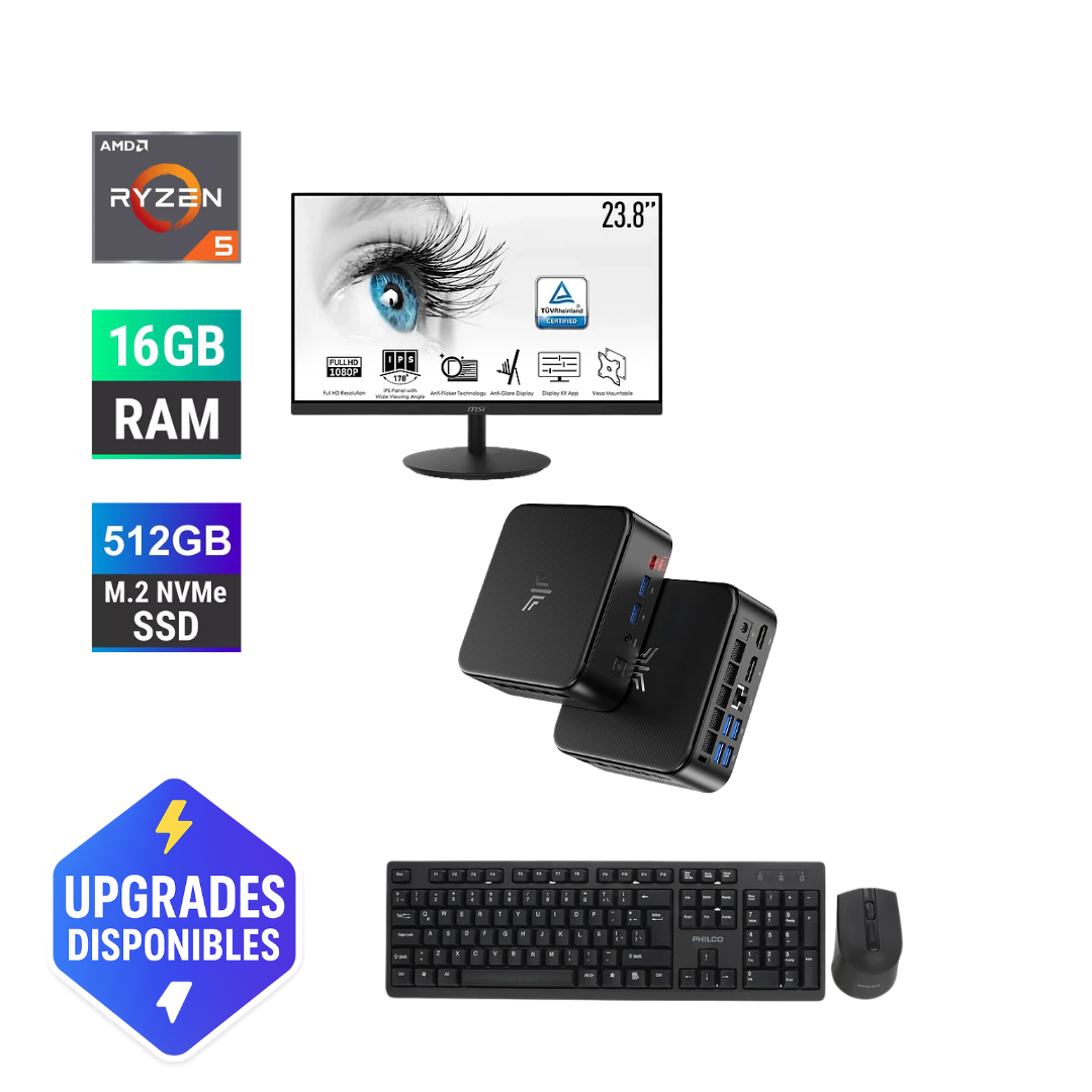 Combo Mini PC + Monitor 24" 100Hz + Teclado & Mouse | AMD Ryzen 5 7430U | 16GB RAM | 512GB SSD