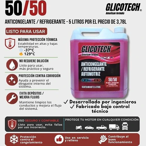 Refrigerante Rojo  50/50 Glicotech 5 Litros
