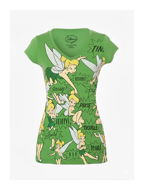 Polera Disney Mujer Campanita Tinkerbell Verde Cuello V Talla S