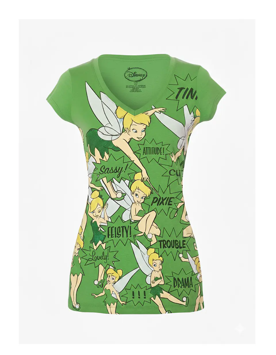 Polera Disney Mujer Campanita Tinkerbell Verde Cuello V Talla S 1