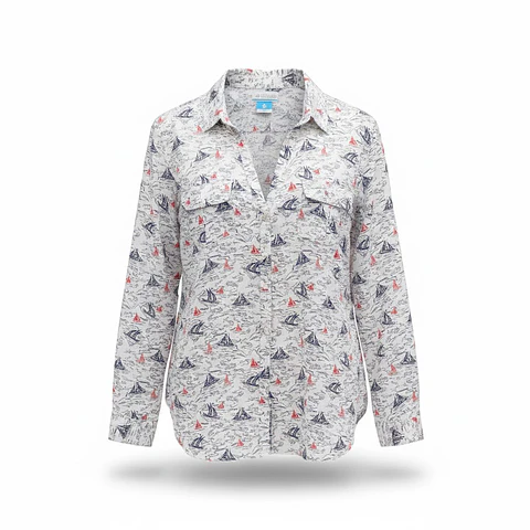 Camisa Mujer Columbia Blanca Estampada Veleros Talla M