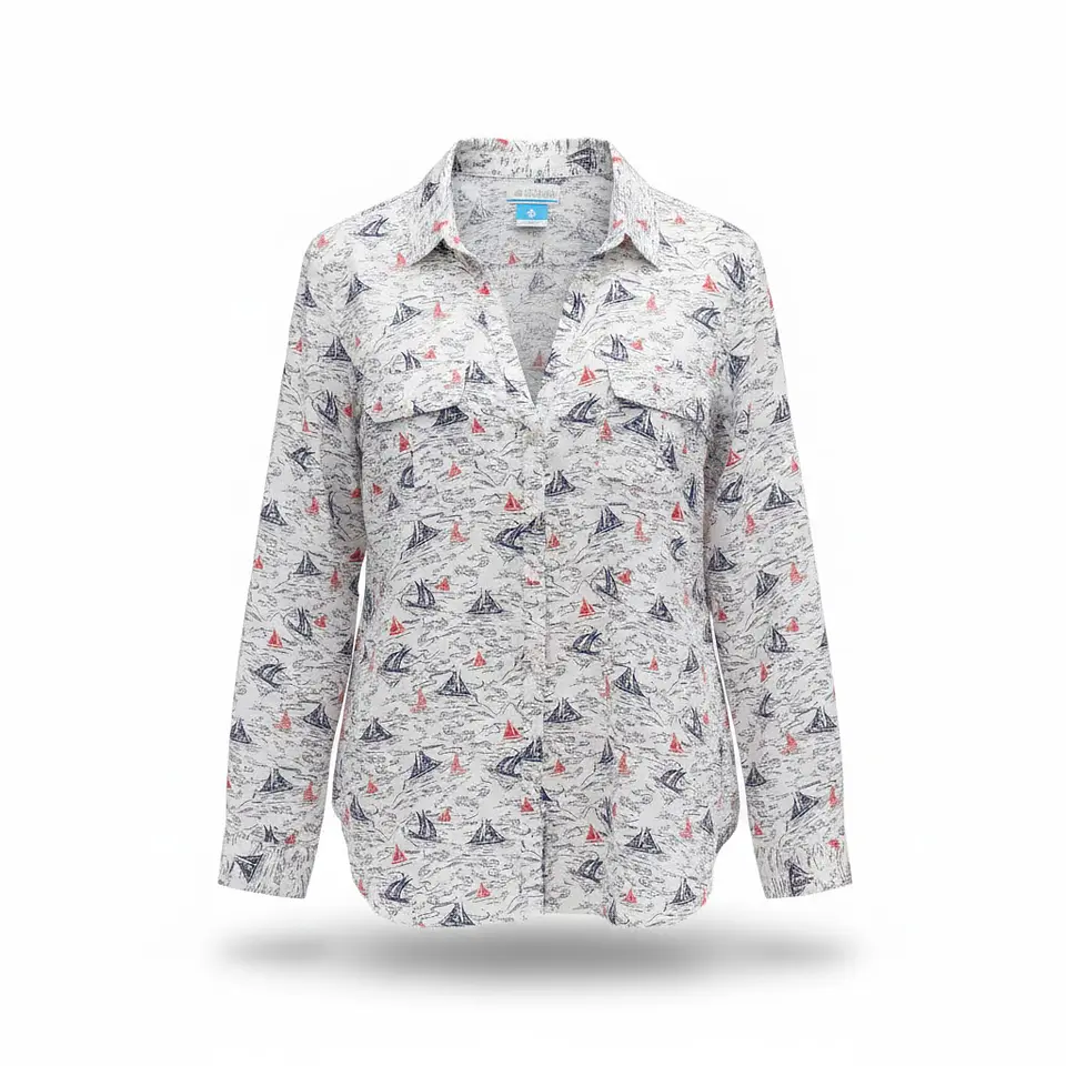 Camisa Mujer Columbia Blanca Estampada Veleros Talla M 1