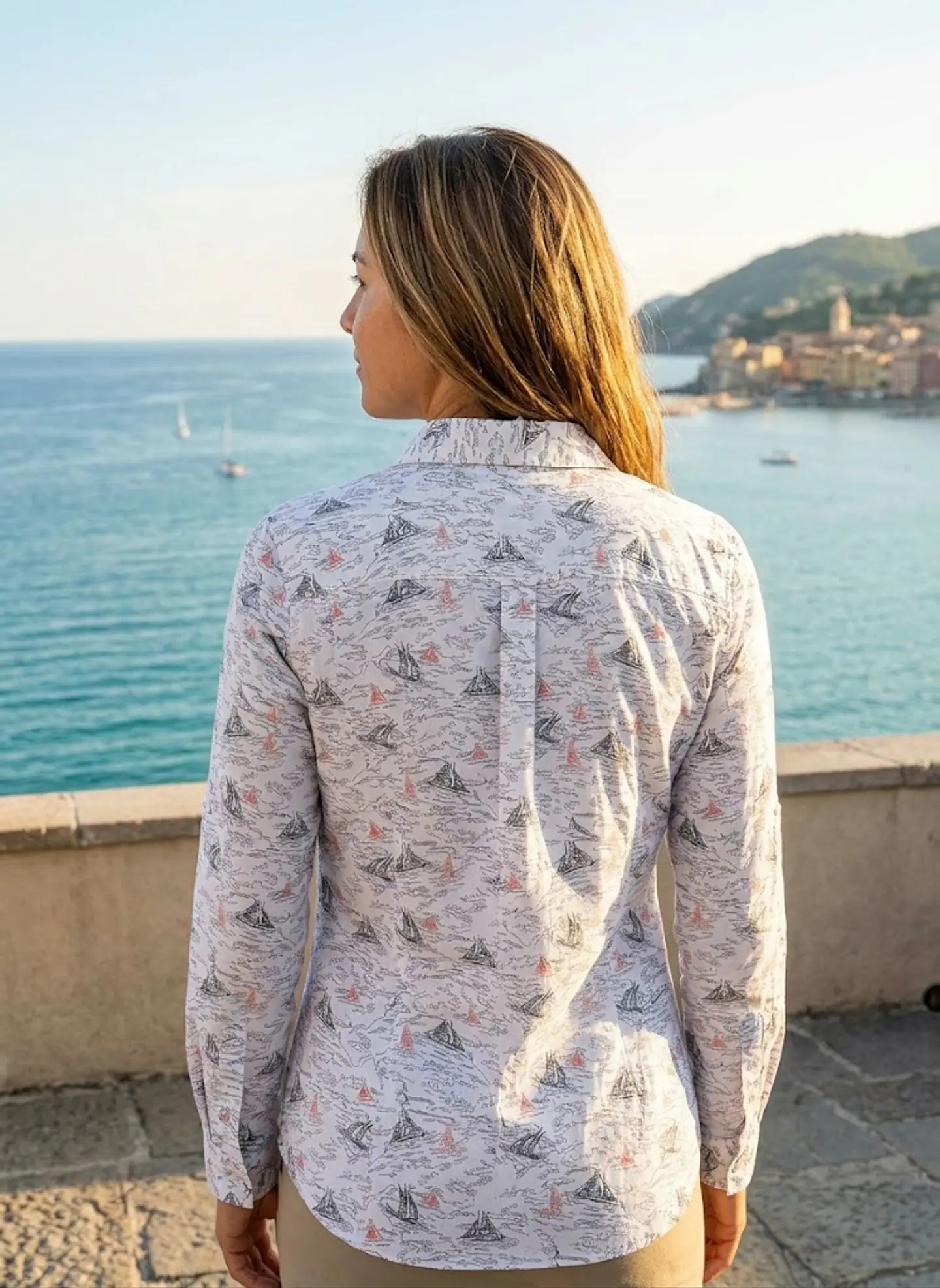 Camisa Mujer Columbia Blanca Estampada Veleros Talla M 6