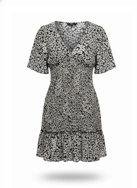 Vestido Corto Casual Floral Blanco y Negro Angie, Talla S