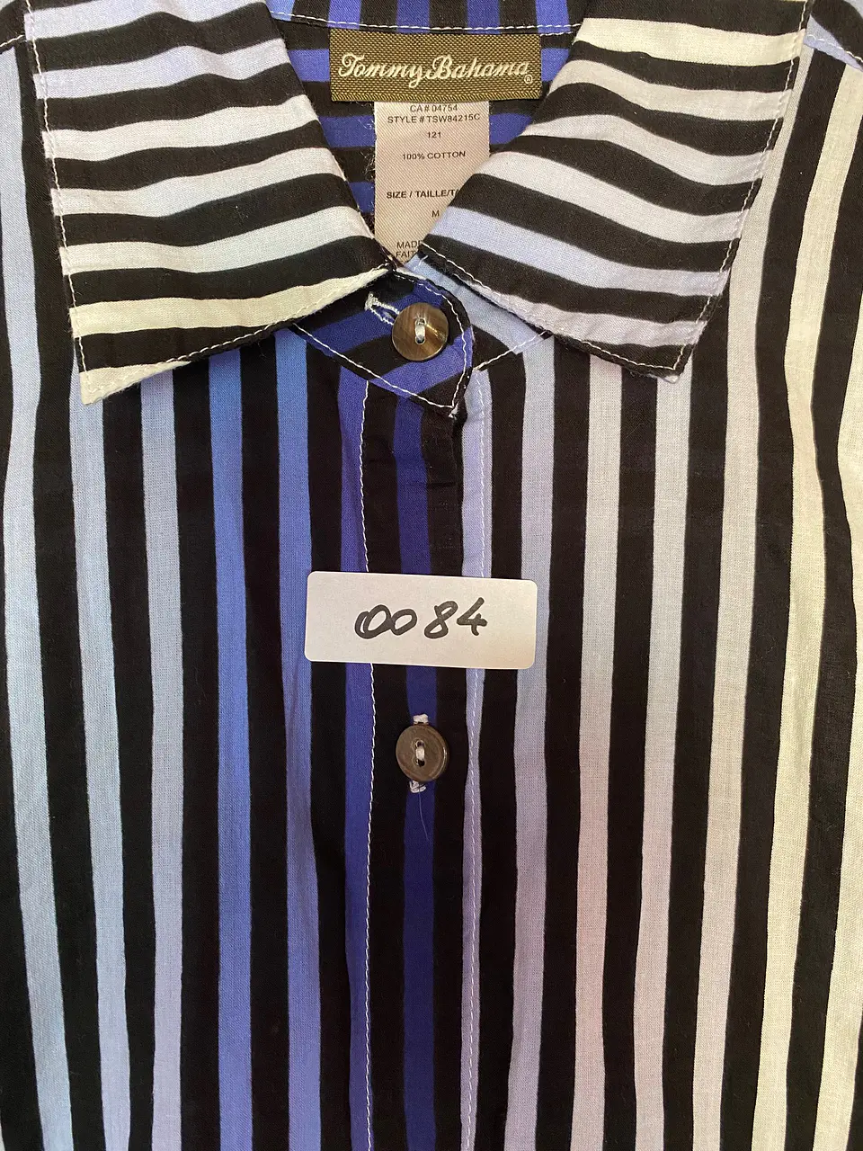 Camisa Larga de Rayas Azul y Negro Tommy Bahama, Talla M 15