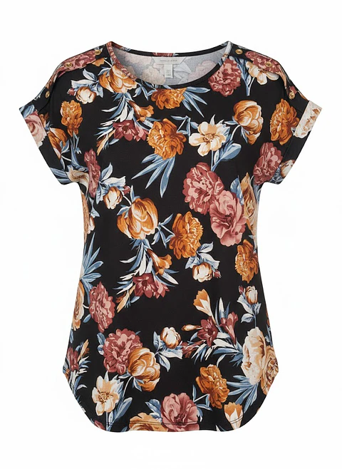 Blusa Negra de Flores con Botones Dorados, Talla M