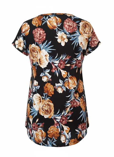 Blusa Negra de Flores con Botones Dorados, Talla M