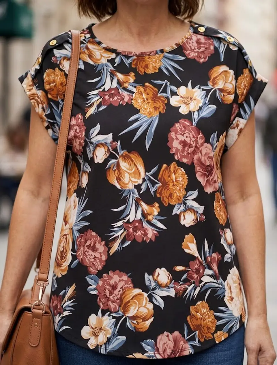 Blusa Negra de Flores con Botones Dorados, Talla M 4