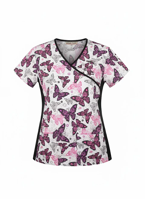 Polera Clínica / Uniforme Médico Estampado Mariposas Green Town, Talla M