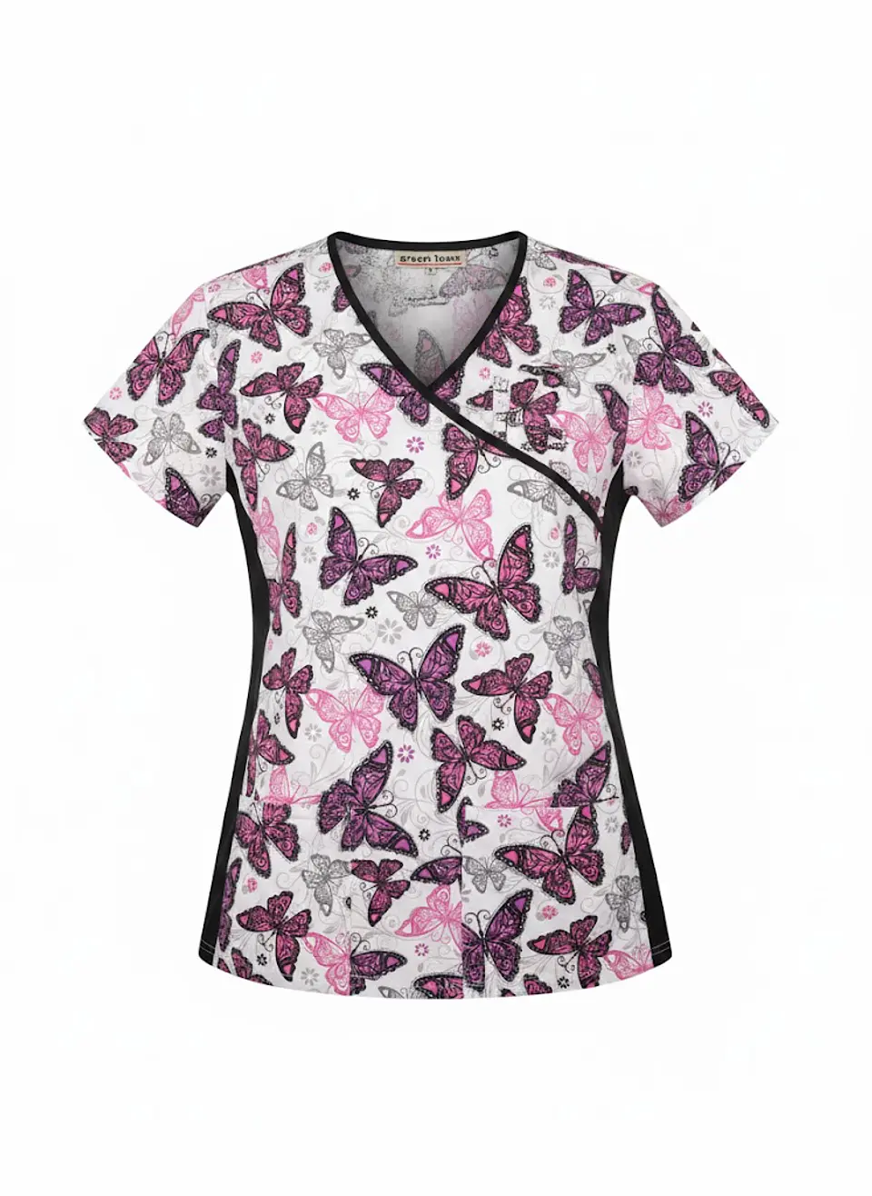Polera Clínica / Uniforme Médico Estampado Mariposas Green Town, Talla M 1