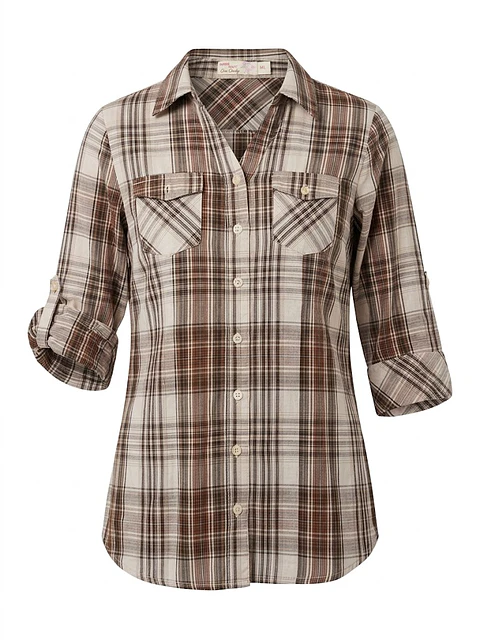 Blusa Cuadrillé Marrón y Beige - Talla 8/10 - M