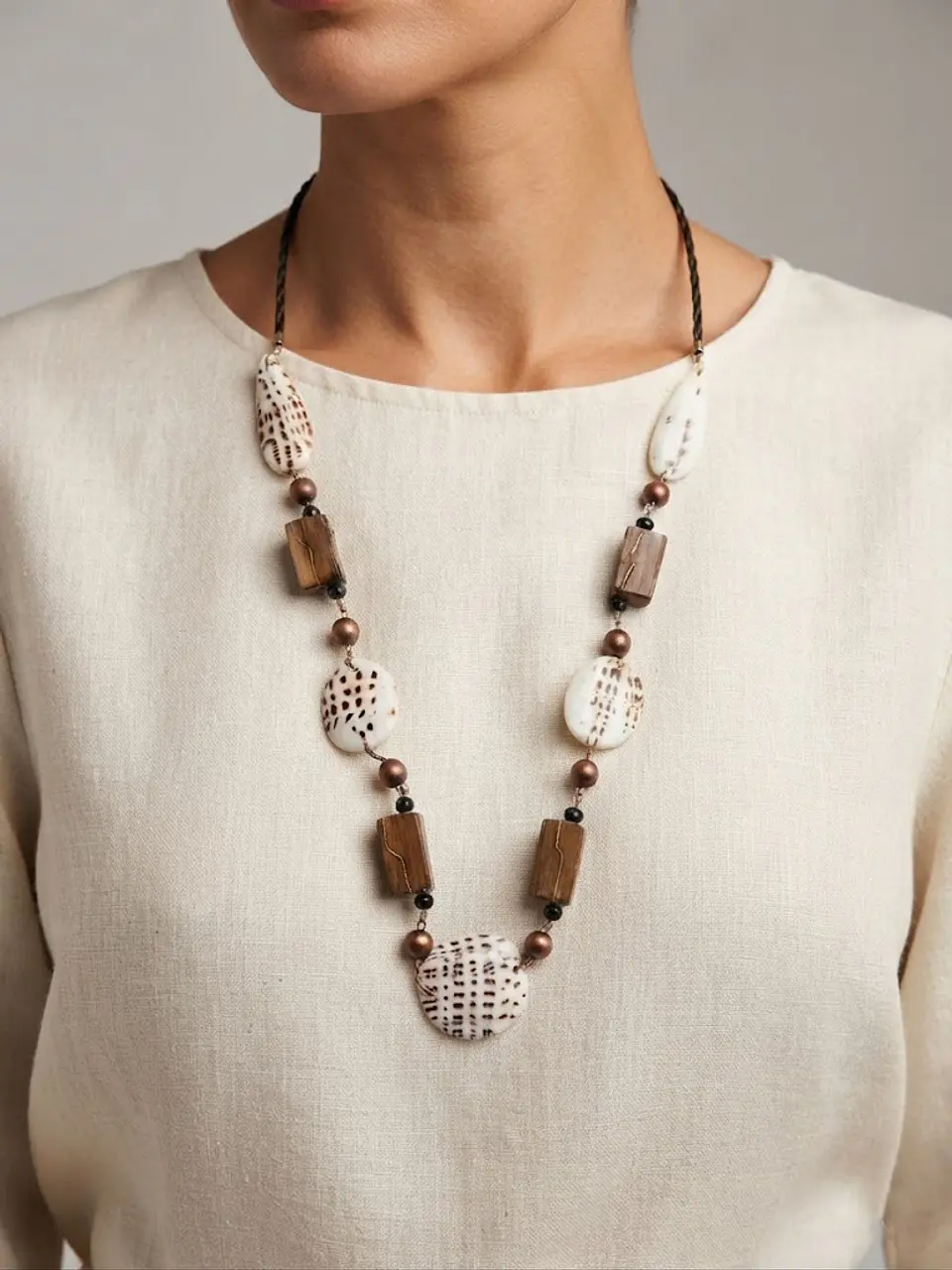 Collar Exclusivo - Combinación Madera, Nácar y Cuero Sintético 2