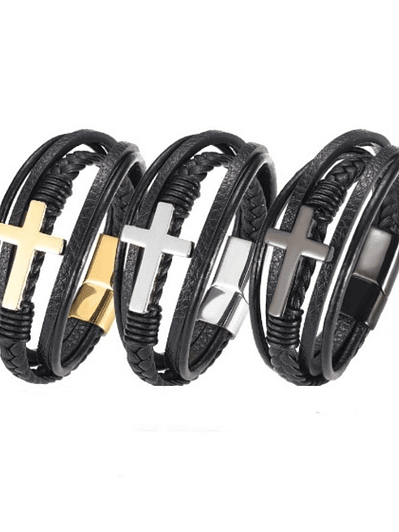 Pulsera cuero multicapa cruz