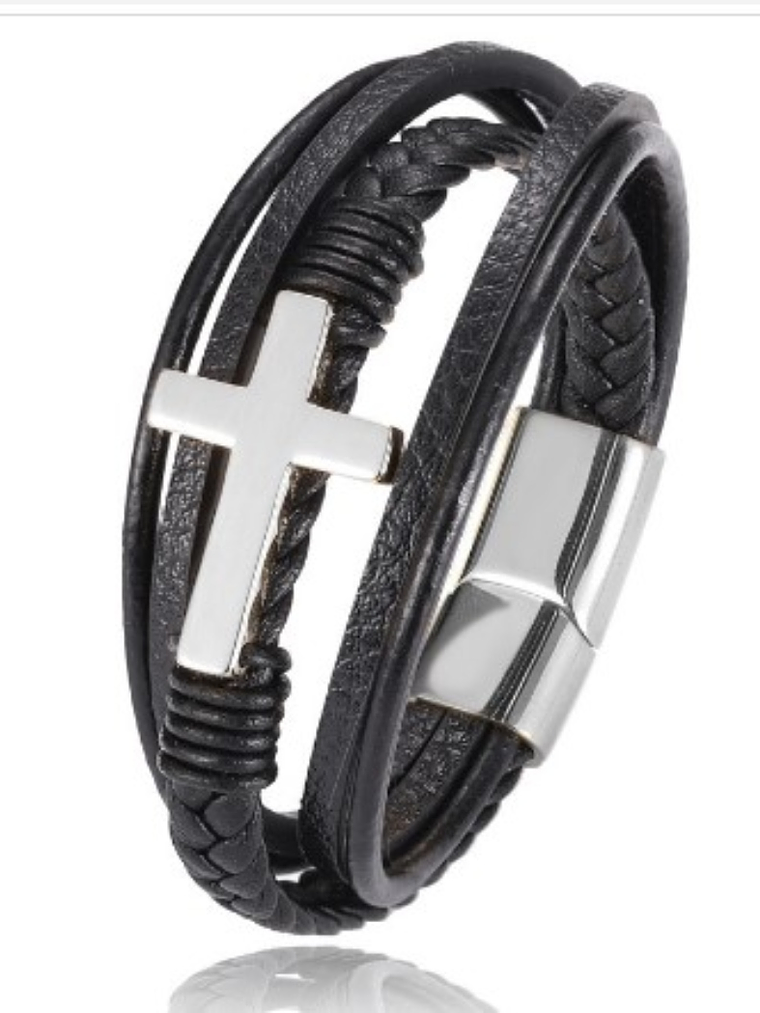 Pulsera cuero multicapa cruz 4
