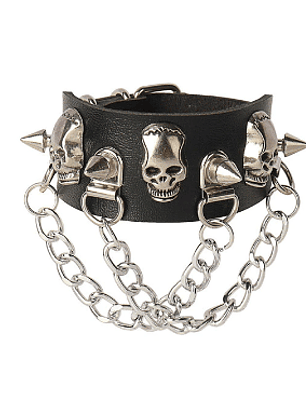 Brazalete ecocuero triple calavera y spikes