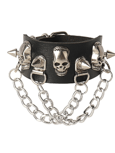 Brazalete ecocuero triple calavera y spikes