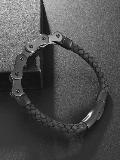 Pulsera cuero Negro entrelazado y Cadena