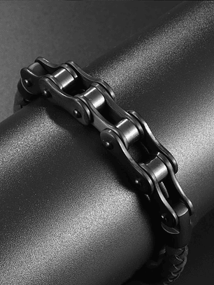 Pulsera cuero Negro entrelazado y Cadena