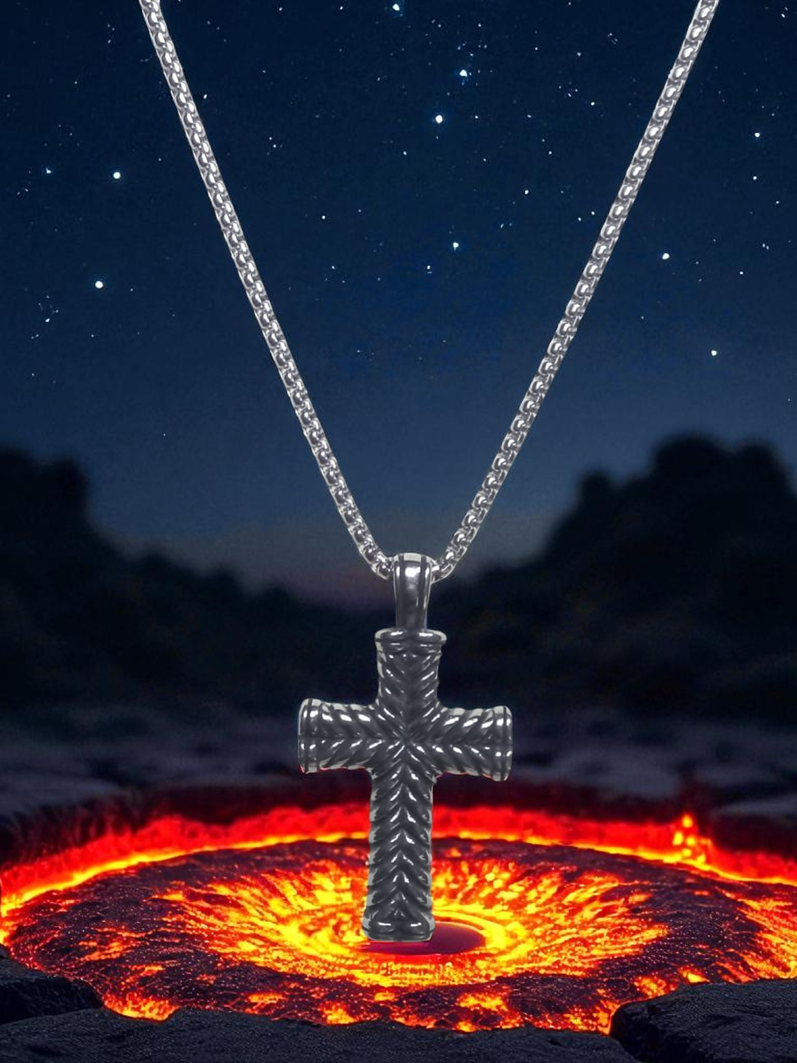 Collar con Colgante en acero diseño cruz en relieve 1