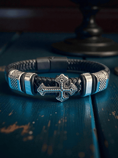 Pulsera de cuero con cruz en acero y cierre magnético