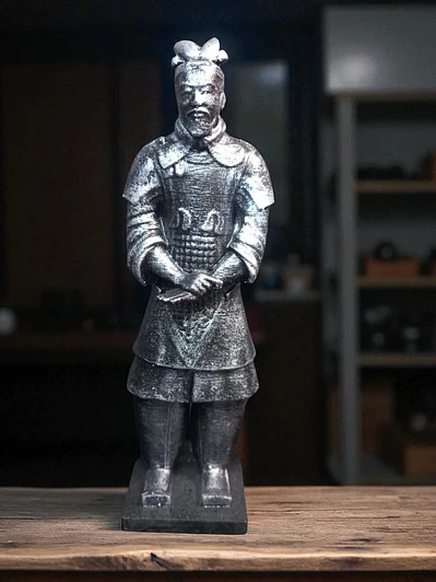 Figura Guerrero de Terracota Oficial 15 cm – Acabado Plata Envejecida