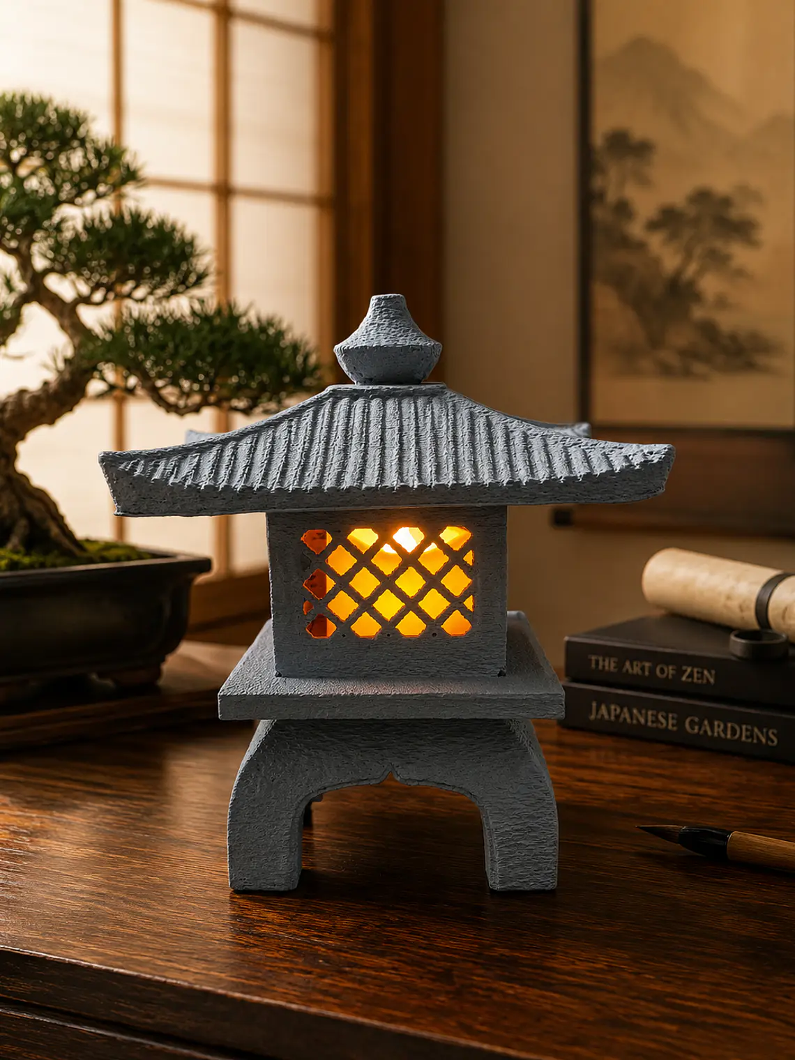 Tōrō Japonés 13 cm – Linterna Samurái Gris Piedra con Luz LED 1