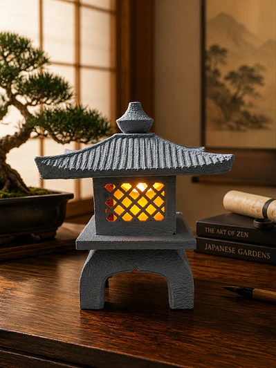 Tōrō Japonés 13 cm – Linterna Samurái Gris Piedra con Luz LED
