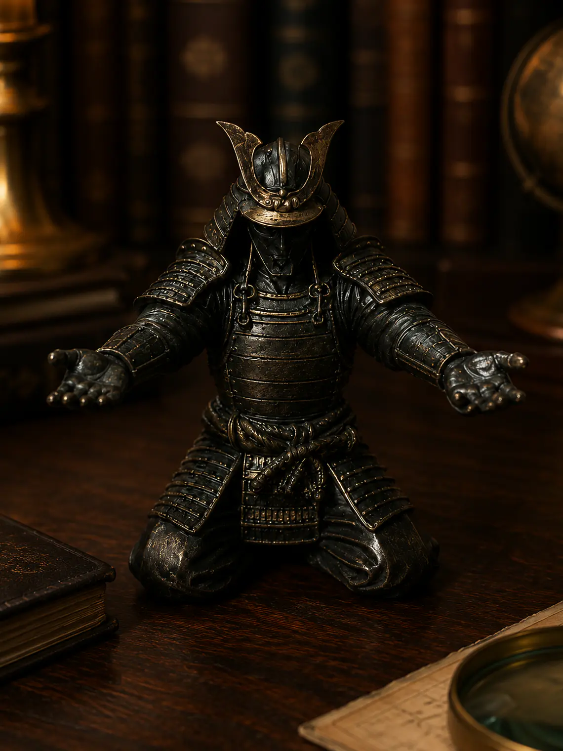 Portalápices Samurái Arrodillado 13 cm – Bronce Envejecido 2