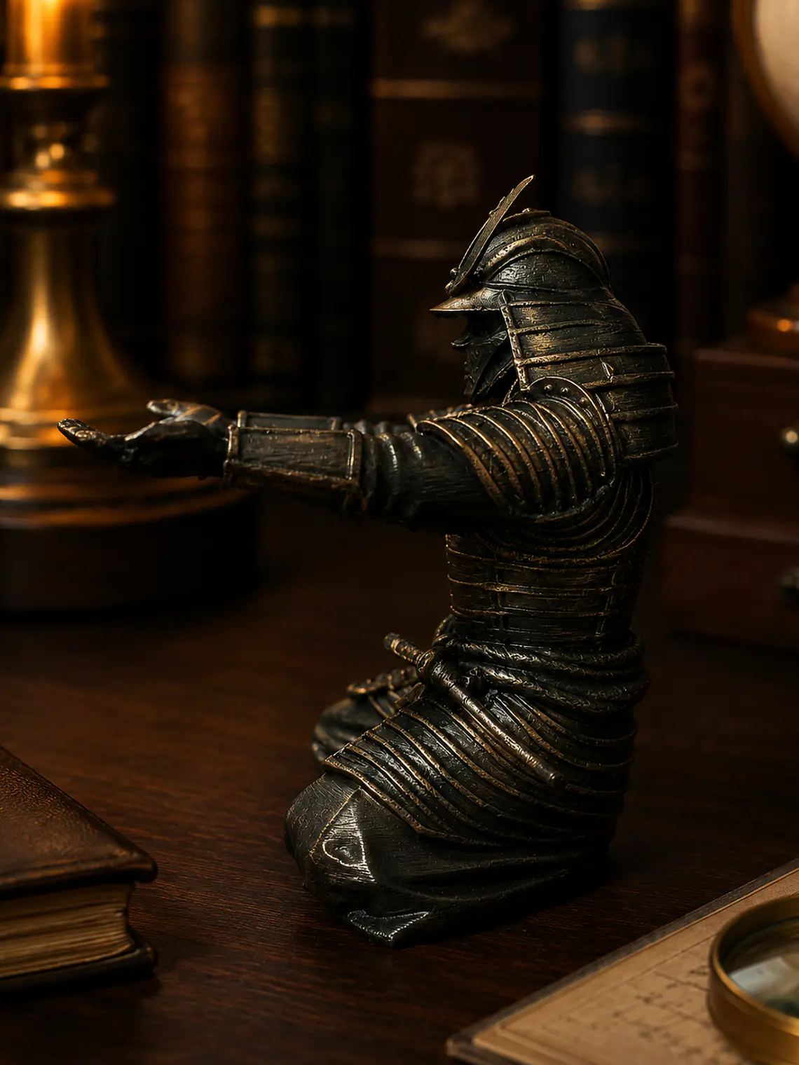 Portalápices Samurái Arrodillado 13 cm – Bronce Envejecido 5