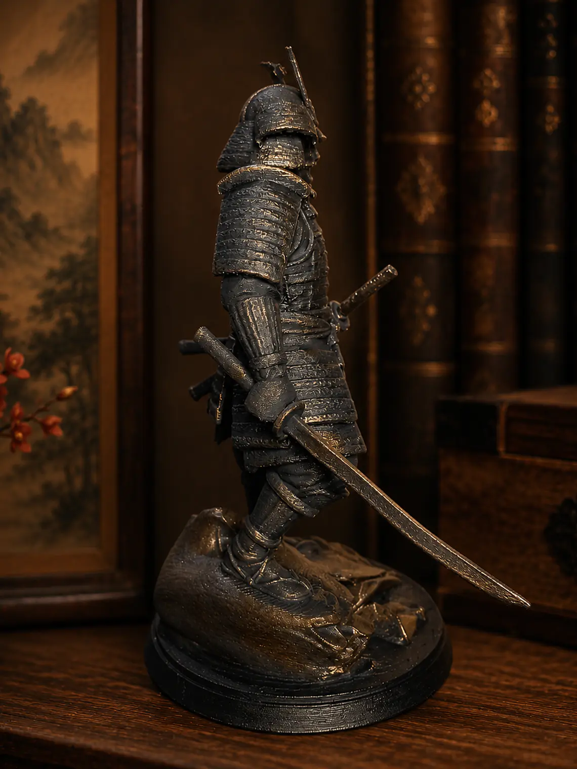 Figura Samurái 15 cm – Bronce Envejecido sobre Rocas 5