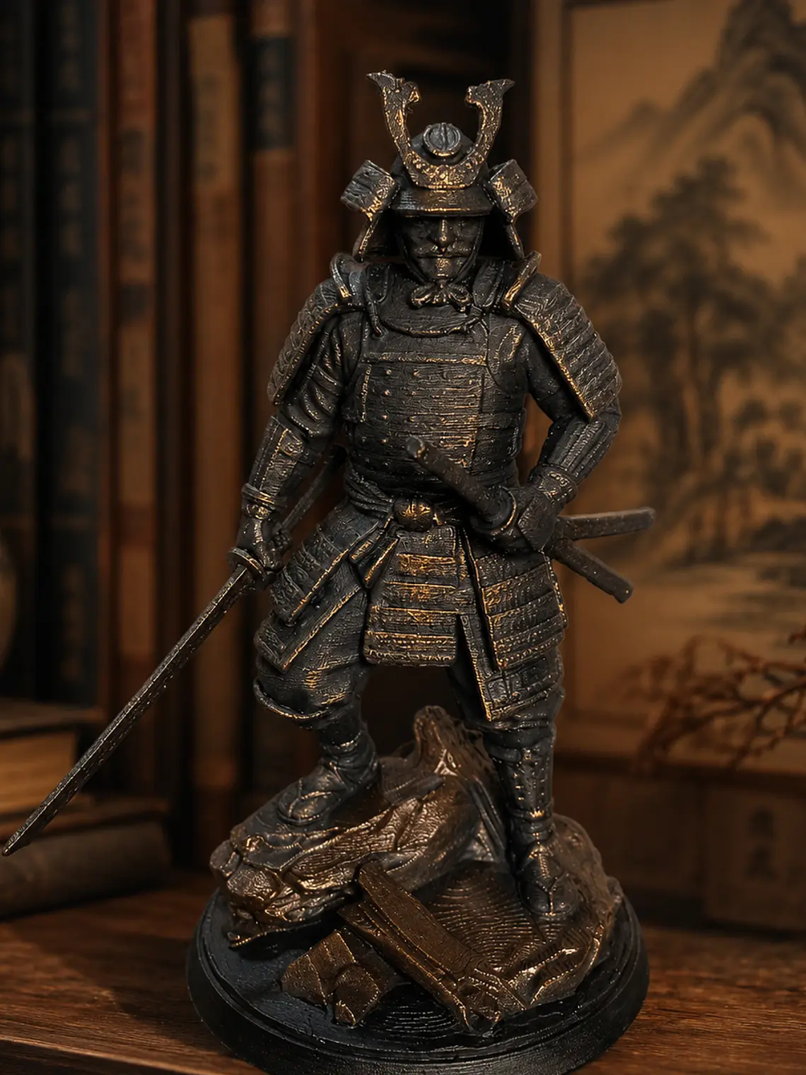 Figura Samurái 15 cm – Bronce Envejecido sobre Rocas 1