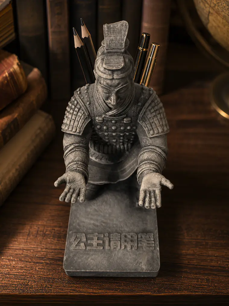 Portalápiz Guerrero de Terracota 13 cm – Guardián en Piedra Antigua 3