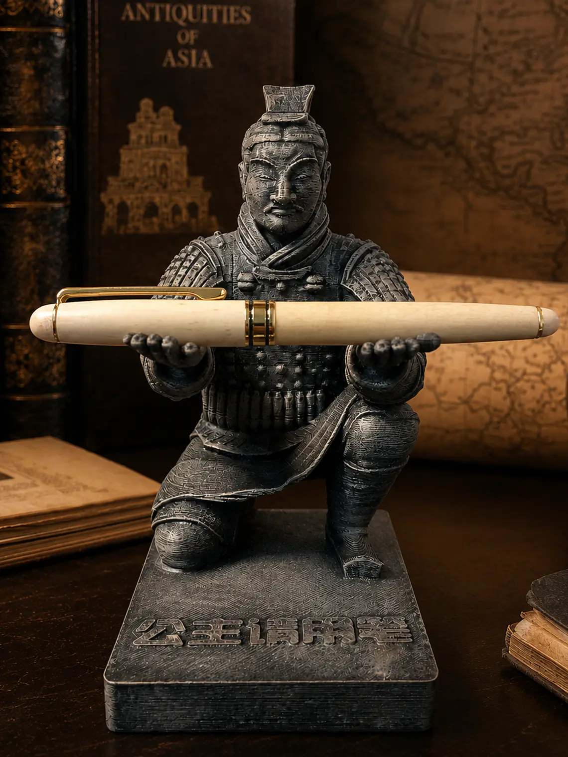 Portalápiz Guerrero de Terracota 13 cm – Guardián en Piedra Antigua 2