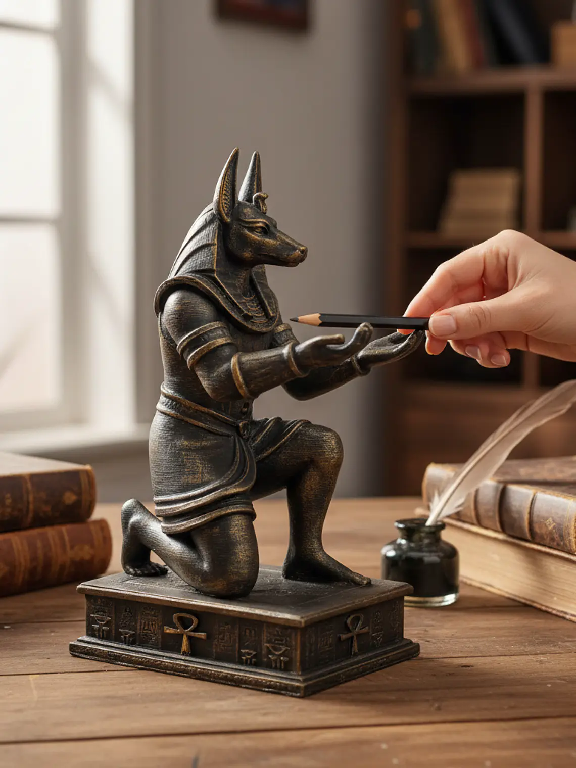 Portalápiz Anubis 17 cm – Guardián Egipcio Bronce Envejecido 2