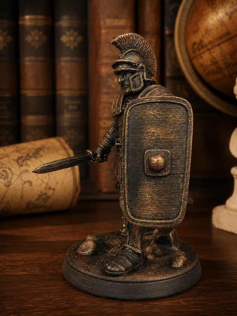 Figura Legionario Romano Sobre Roca 15 cm - Acabado Metálico Envejecido 2