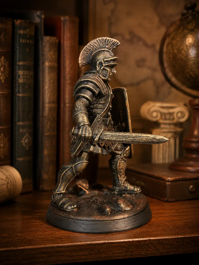 Figura Legionario Romano Sobre Roca 15 cm - Acabado Metálico Envejecido 3