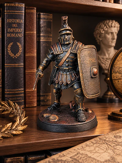 Figura Legionario Romano Sobre Roca 15 cm - Acabado Metálico Envejecido