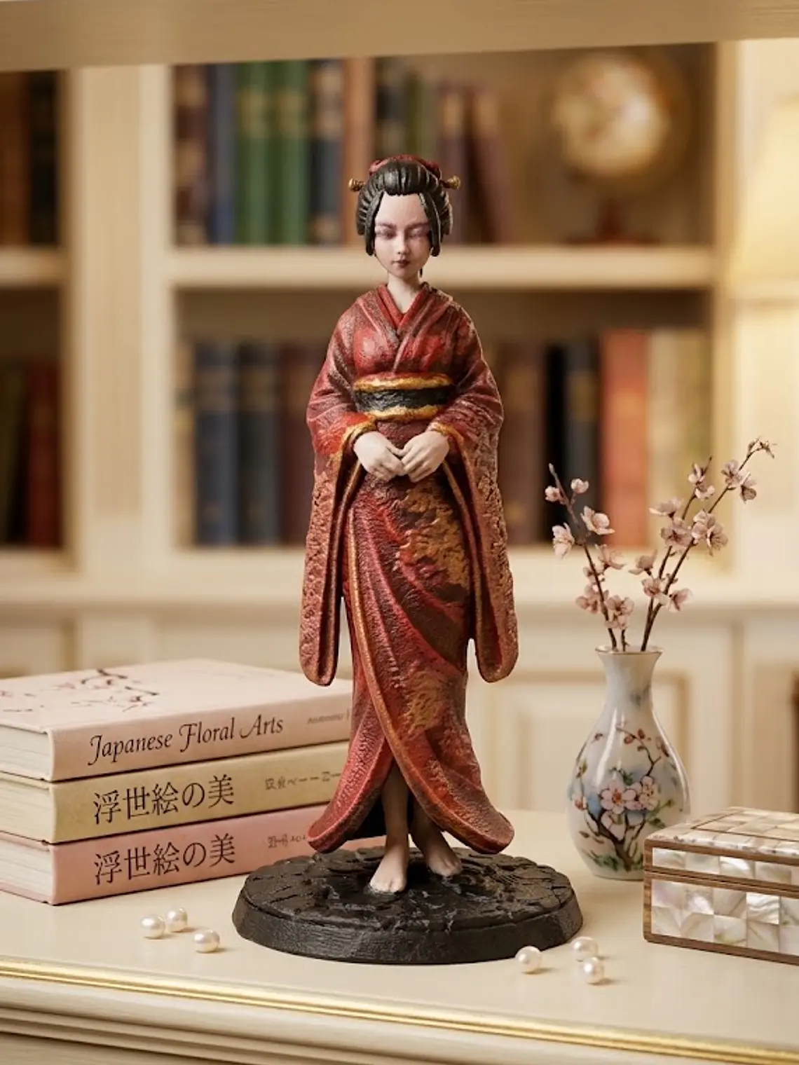 Geisha Akane – Dama Carmesí 15 cm | Kimono Rojo y Oro 1