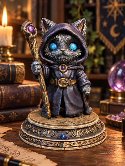 Gato Hechicero Arcano – Crónicas Felinas 14 cm | Pintado a Mano