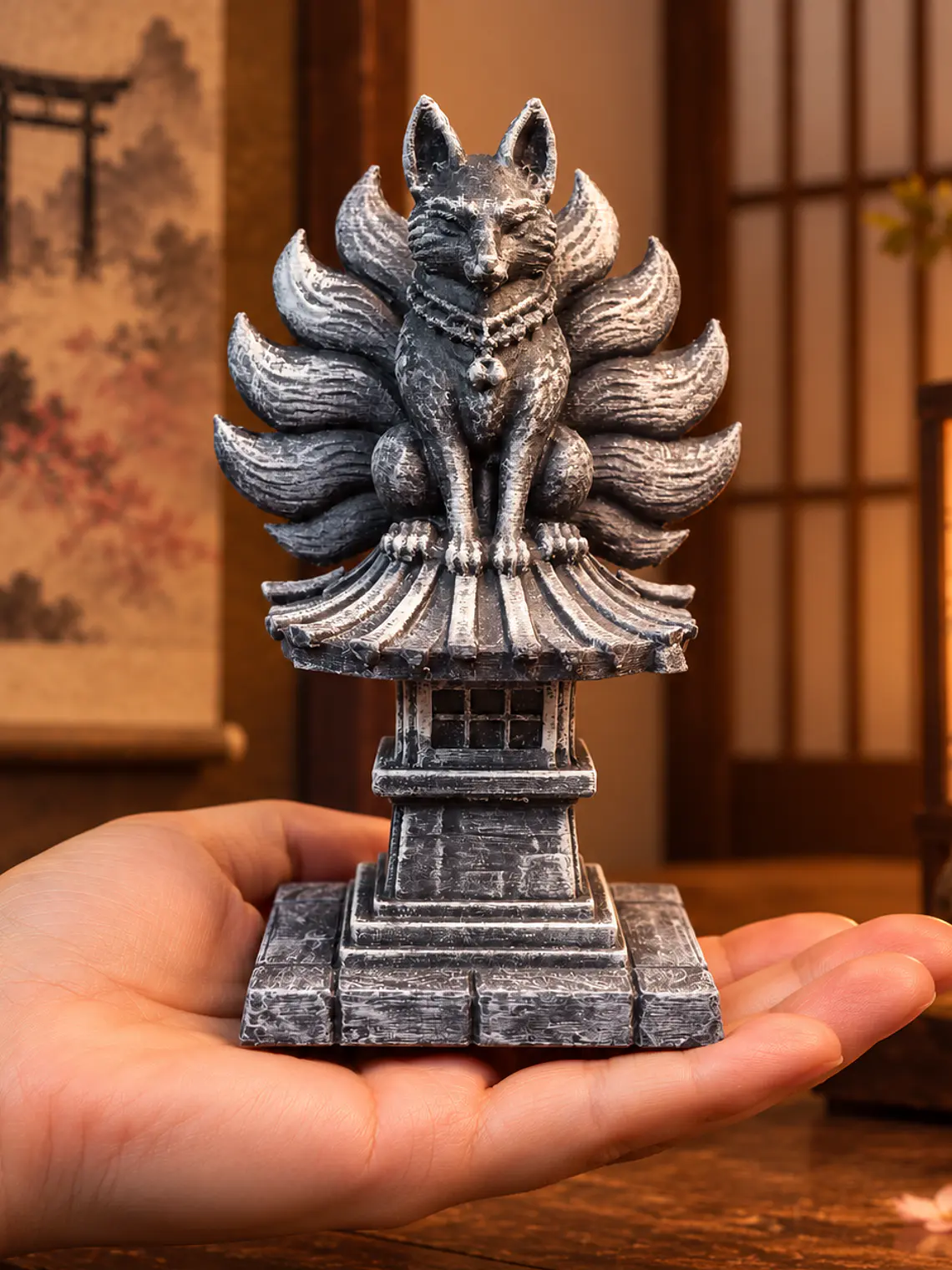 Kitsune del Santuario – Zorro de Nueve Colas sobre Tōrō Japonés 12 cm | Piedra Envejecida 2