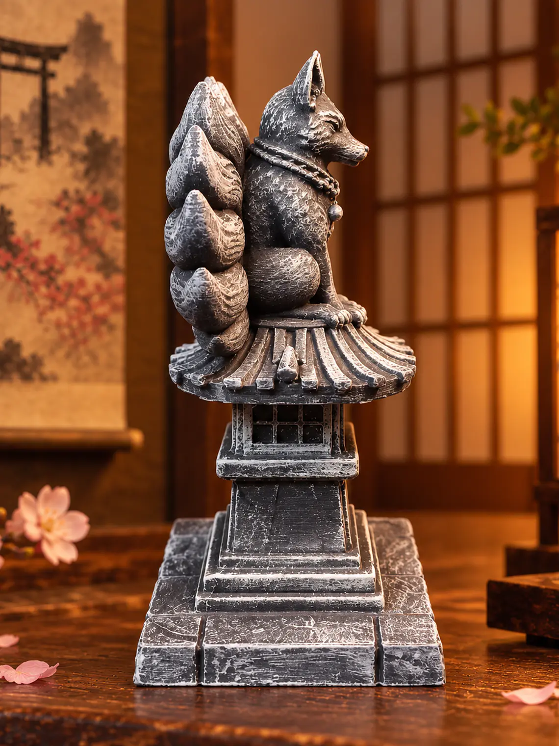 Kitsune del Santuario – Zorro de Nueve Colas sobre Tōrō Japonés 12 cm | Piedra Envejecida 4