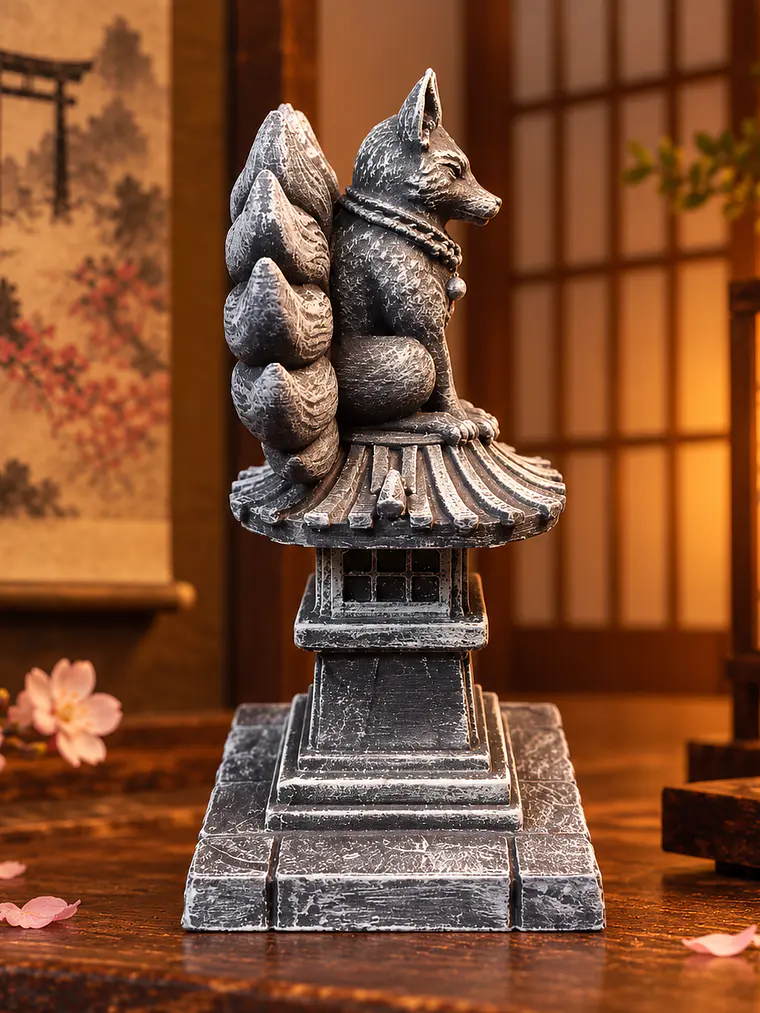 Kitsune del Santuario – Zorro de Nueve Colas sobre Tōrō Japonés 12 cm | Piedra Envejecida 4