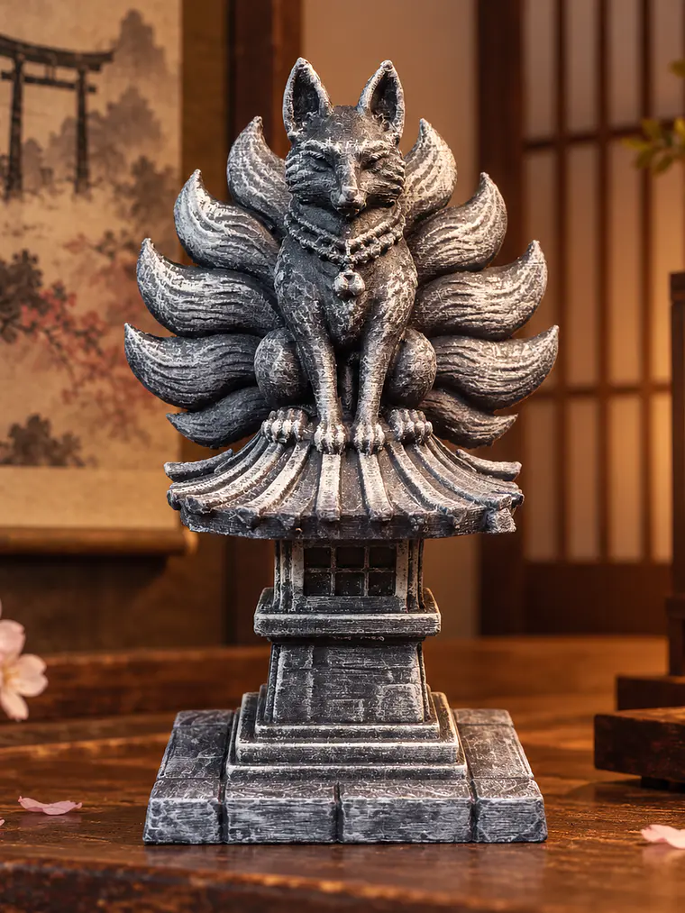 Kitsune del Santuario – Zorro de Nueve Colas sobre Tōrō Japonés 12 cm | Piedra Envejecida 1